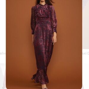 Cynthia Rowley Bella Flocked Velvet Heart Maxi Dress in Burgundy & Charcoal Sz 6